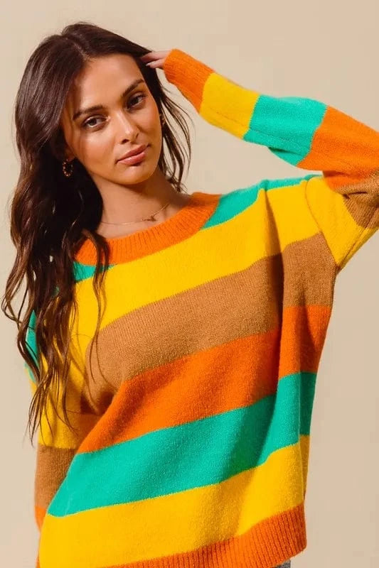 SO ME Knit Tops SO ME Multi Color Stripe Sweater with Ribbed Detail