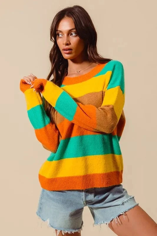 SO ME Knit Tops SO ME Multi Color Stripe Sweater with Ribbed Detail