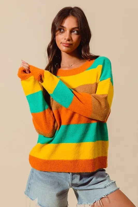 SO ME Knit Tops SO ME Multi Color Stripe Sweater with Ribbed Detail