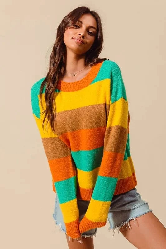 SO ME Knit Tops SO ME Multi Color Stripe Sweater with Ribbed Detail
