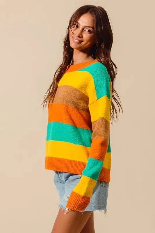 SO ME Knit Tops SO ME Multi Color Stripe Sweater with Ribbed Detail