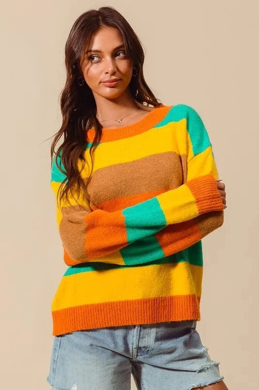 SO ME Knit Tops SO ME Multi Color Stripe Sweater with Ribbed Detail
