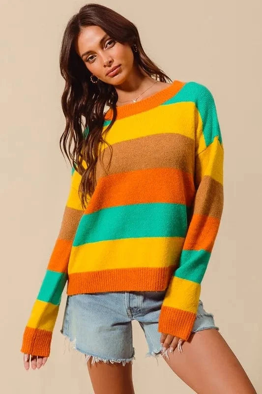 SO ME Knit Tops SO ME Multi Color Stripe Sweater with Ribbed Detail