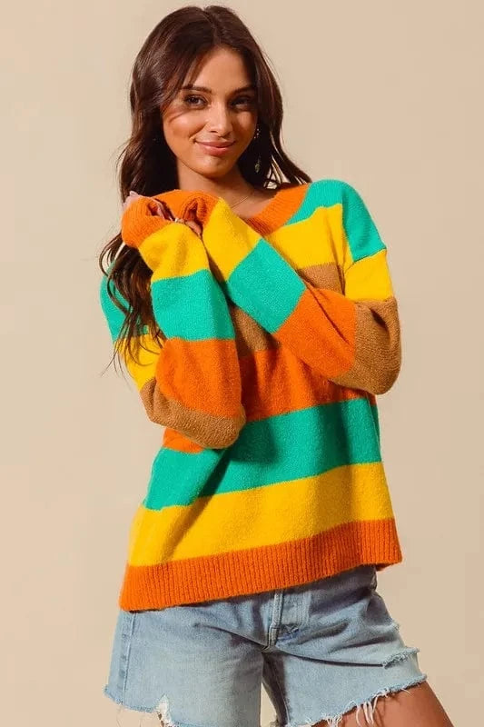 SO ME Knit Tops SO ME Multi Color Stripe Sweater with Ribbed Detail
