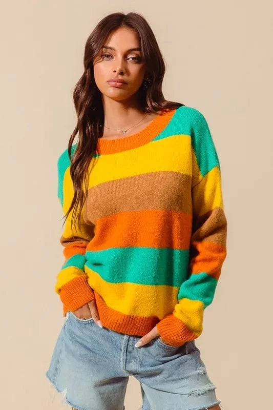 SO ME Knit Tops SO ME Multi Color Stripe Sweater with Ribbed Detail