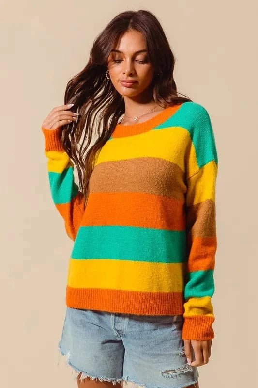 SO ME Knit Tops SO ME Multi Color Stripe Sweater with Ribbed Detail