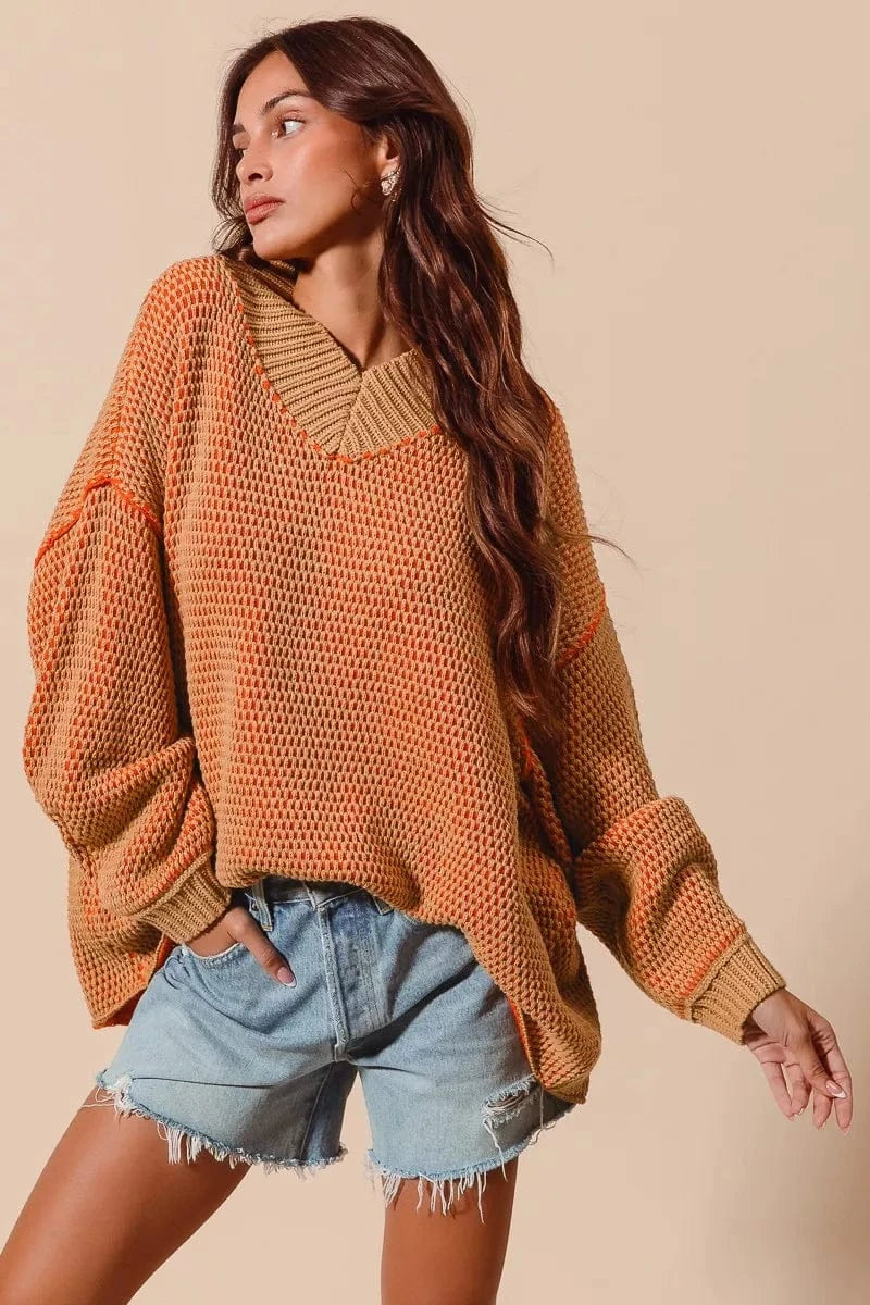 SO ME Knit Tops SO ME Oversized Two Tone Textured V Neck Sweater