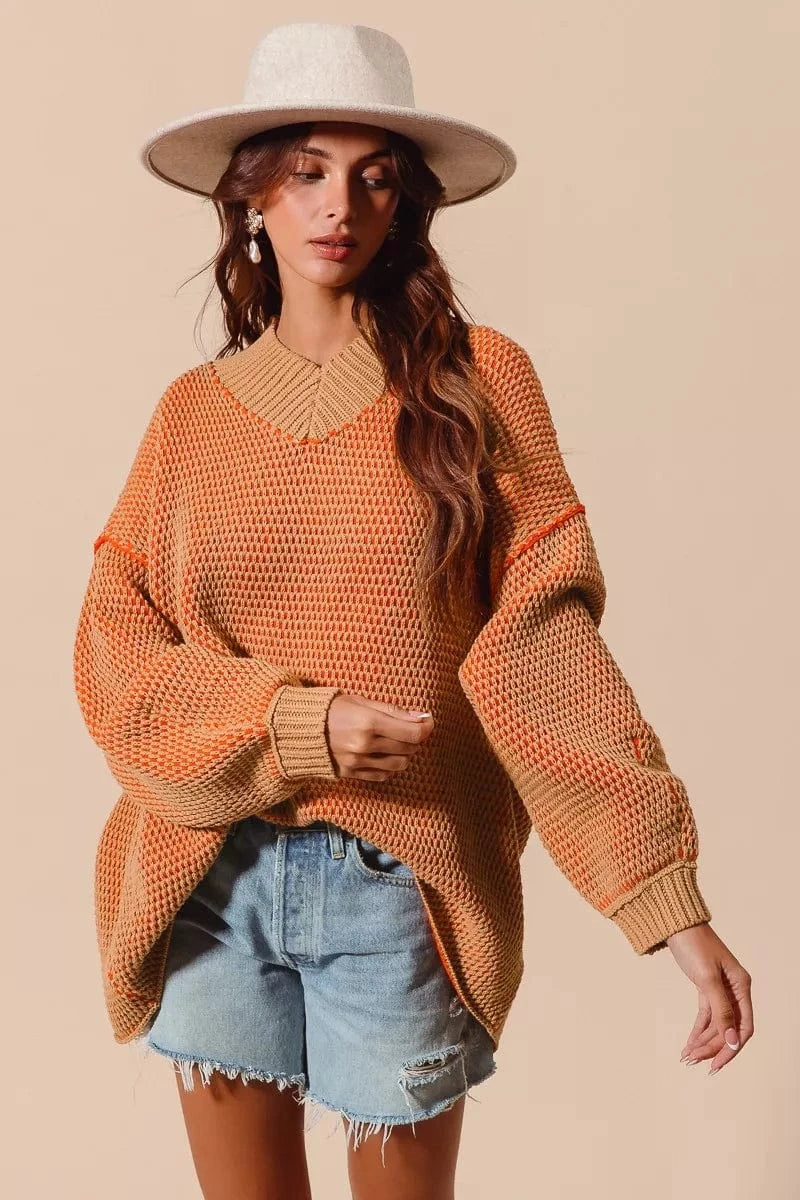 SO ME Knit Tops SO ME Oversized Two Tone Textured V Neck Sweater