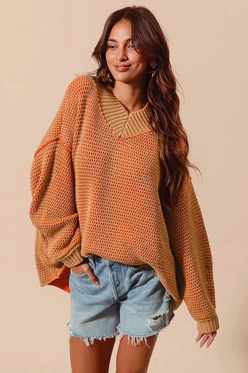 SO ME Knit Tops SO ME Oversized Two Tone Textured V Neck Sweater