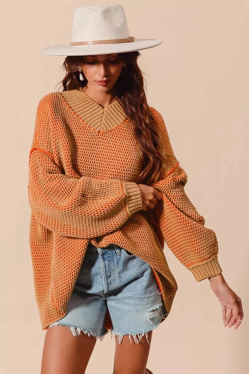 SO ME Knit Tops SO ME Oversized Two Tone Textured V Neck Sweater