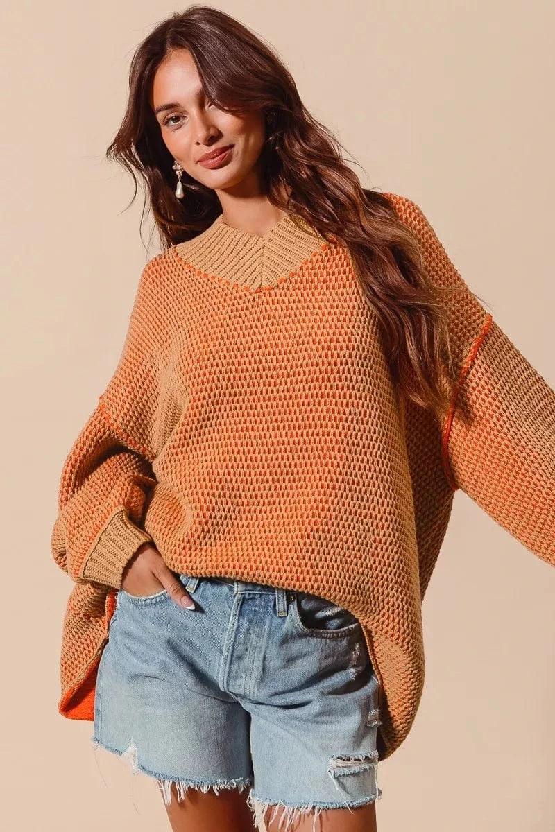 SO ME Knit Tops SO ME Oversized Two Tone Textured V Neck Sweater