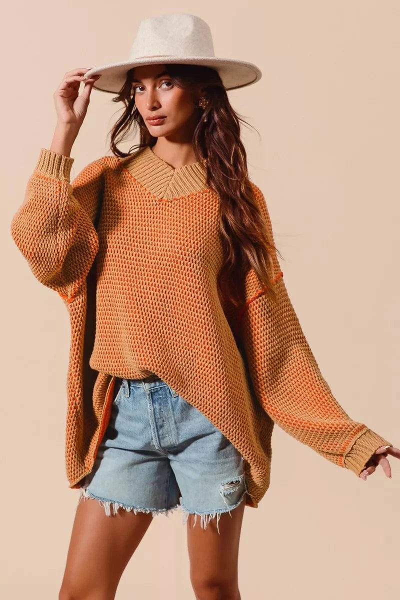 SO ME Knit Tops SO ME Oversized Two Tone Textured V Neck Sweater