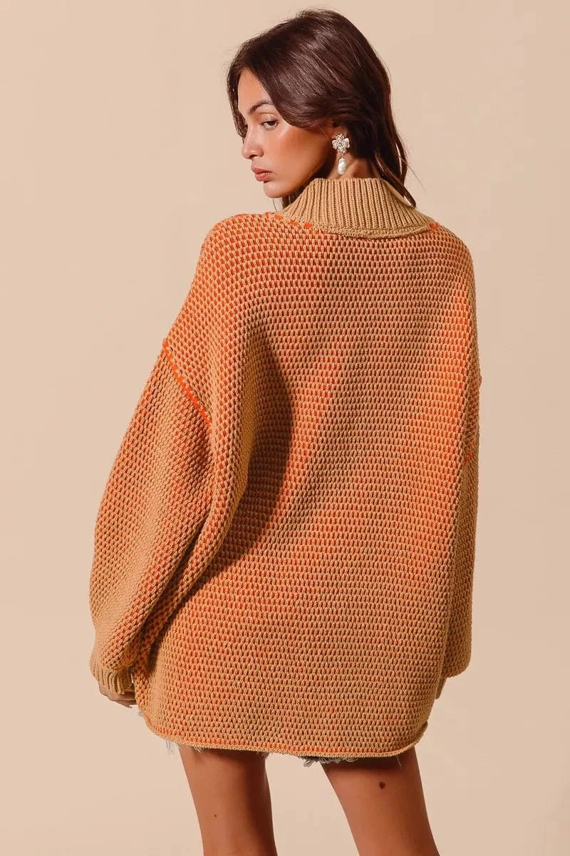 SO ME Knit Tops SO ME Oversized Two Tone Textured V Neck Sweater