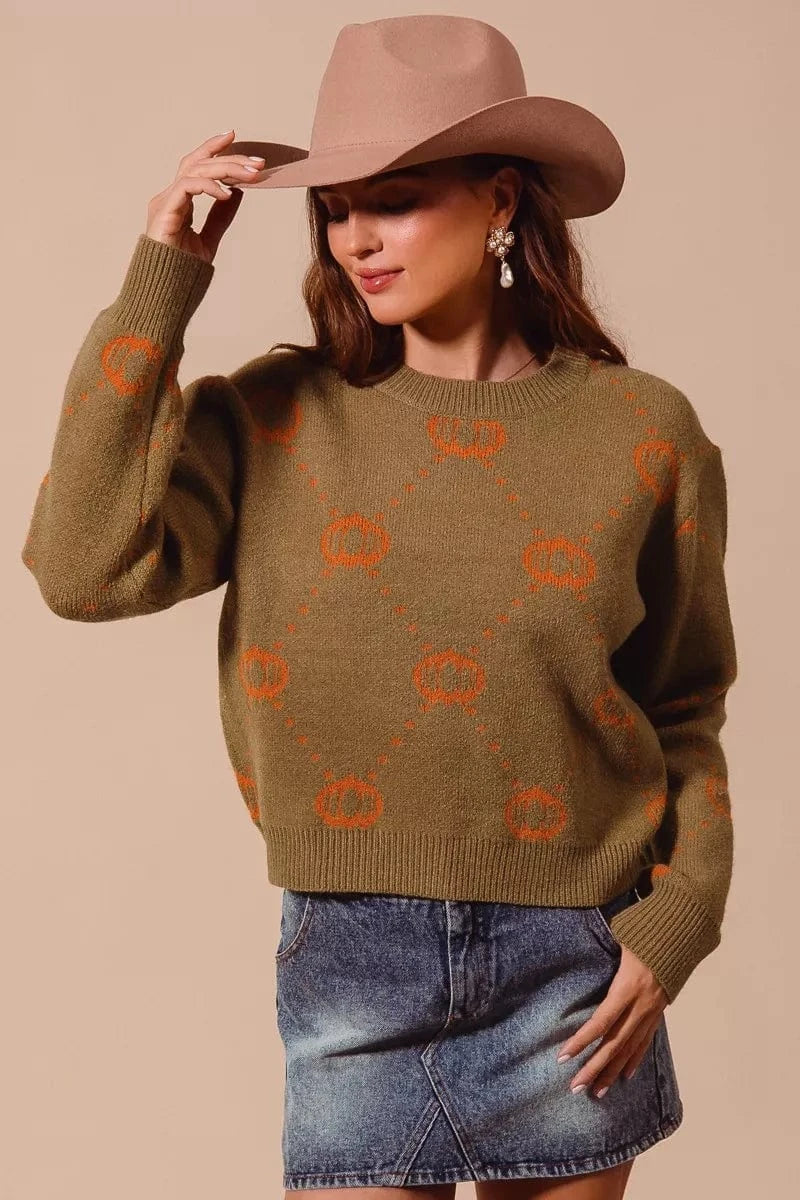 SO ME Knit Tops SO ME Pumpkin Rhombus Halloween Thanksgiving Sweater