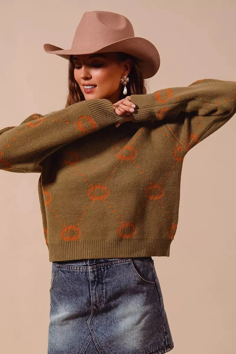 SO ME Knit Tops SO ME Pumpkin Rhombus Halloween Thanksgiving Sweater