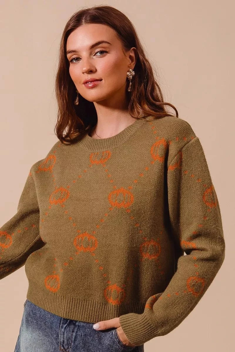 SO ME Knit Tops SO ME Pumpkin Rhombus Halloween Thanksgiving Sweater