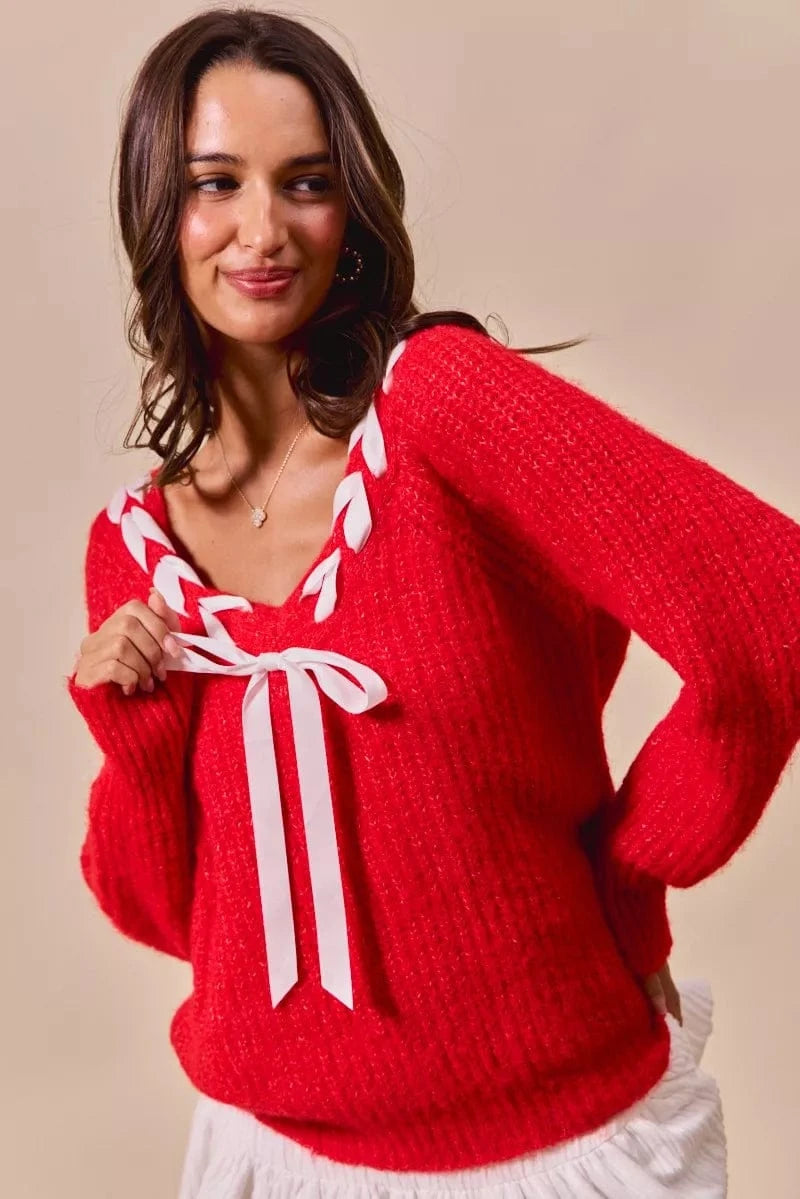 SO ME Knit Tops SO ME Satin Tape Braided Ribbon Tie V Neck Sweater