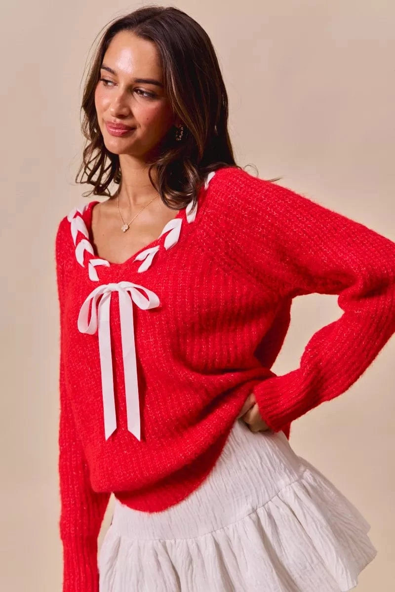 SO ME Knit Tops SO ME Satin Tape Braided Ribbon Tie V Neck Sweater