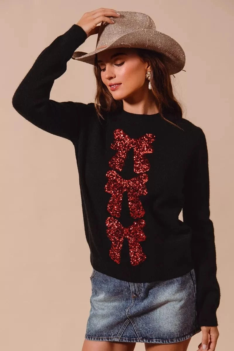 SO ME Knit Tops SO ME Sequins Bow Ribbon Embellished Christmas Sweater