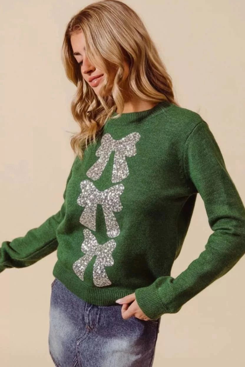 SO ME Knit Tops SO ME Sequins Bow Ribbon Embellished Christmas Sweater