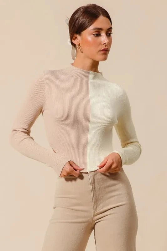 SO ME Knit Tops TAUPE/IVORY / S SO ME Color Block Fitted Crop Sweater Top