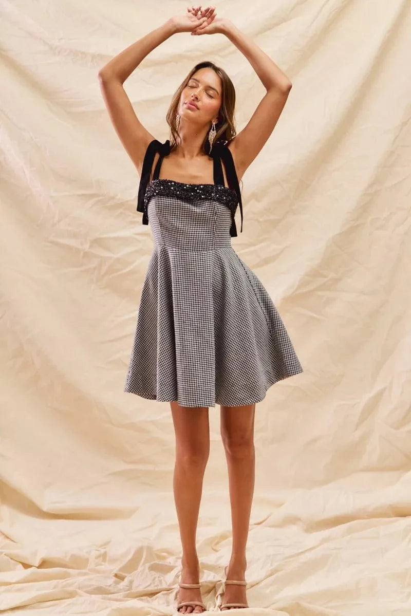 SO ME Mini Dresses SO ME Houndstooth Fit Flare Mini Dress with Shoulder Tie