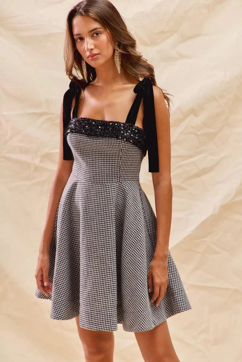 SO ME Mini Dresses SO ME Houndstooth Fit Flare Mini Dress with Shoulder Tie