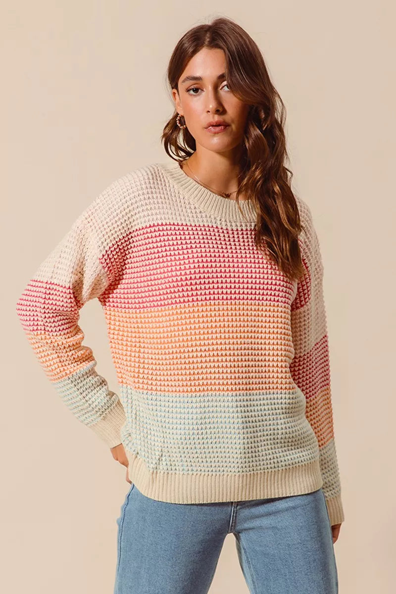SO ME OATMEAL COMBO / S SO ME Multi Color Block Long Sleeve Sweater