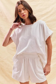 SO ME OFF WHITE / S SO ME Round Neck Short Sleeve Top and Shorts Set