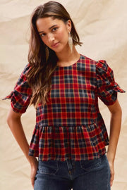 SO ME RED / S SO ME Christmas Holiday Plaid Ribbon Short Sleeves Top