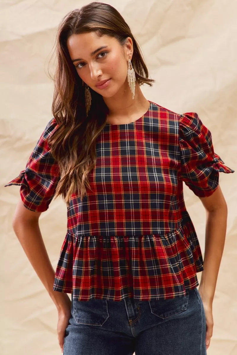 SO ME RED / S SO ME Christmas Holiday Plaid Ribbon Short Sleeves Top