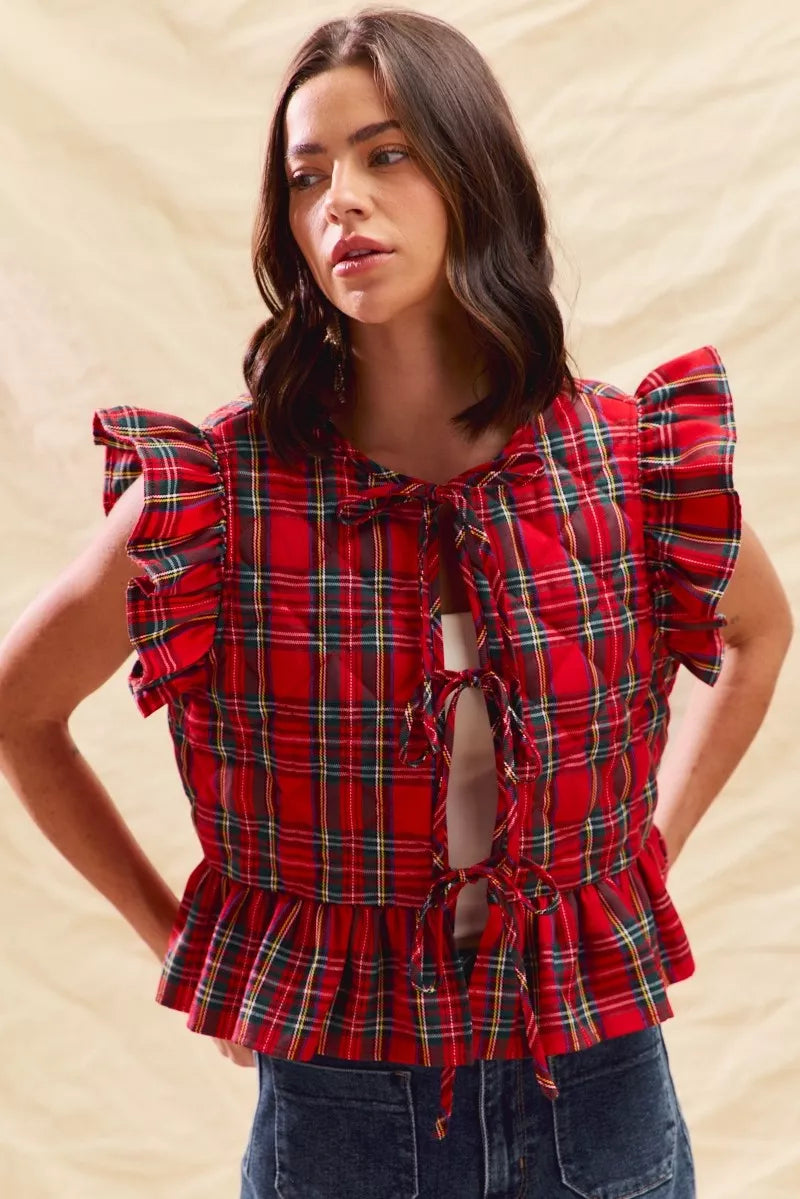 SO ME RED / S SO ME Christmas Holiday Plaid Ruffled Quilt Vest Top