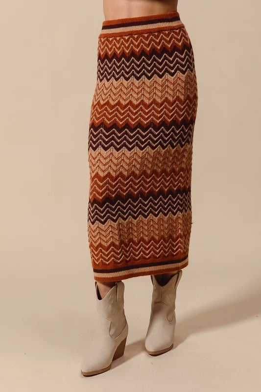 SO ME RUST/DK MOCHA/TAUPE / S SO ME Multi Color Chevron Knit Skirt