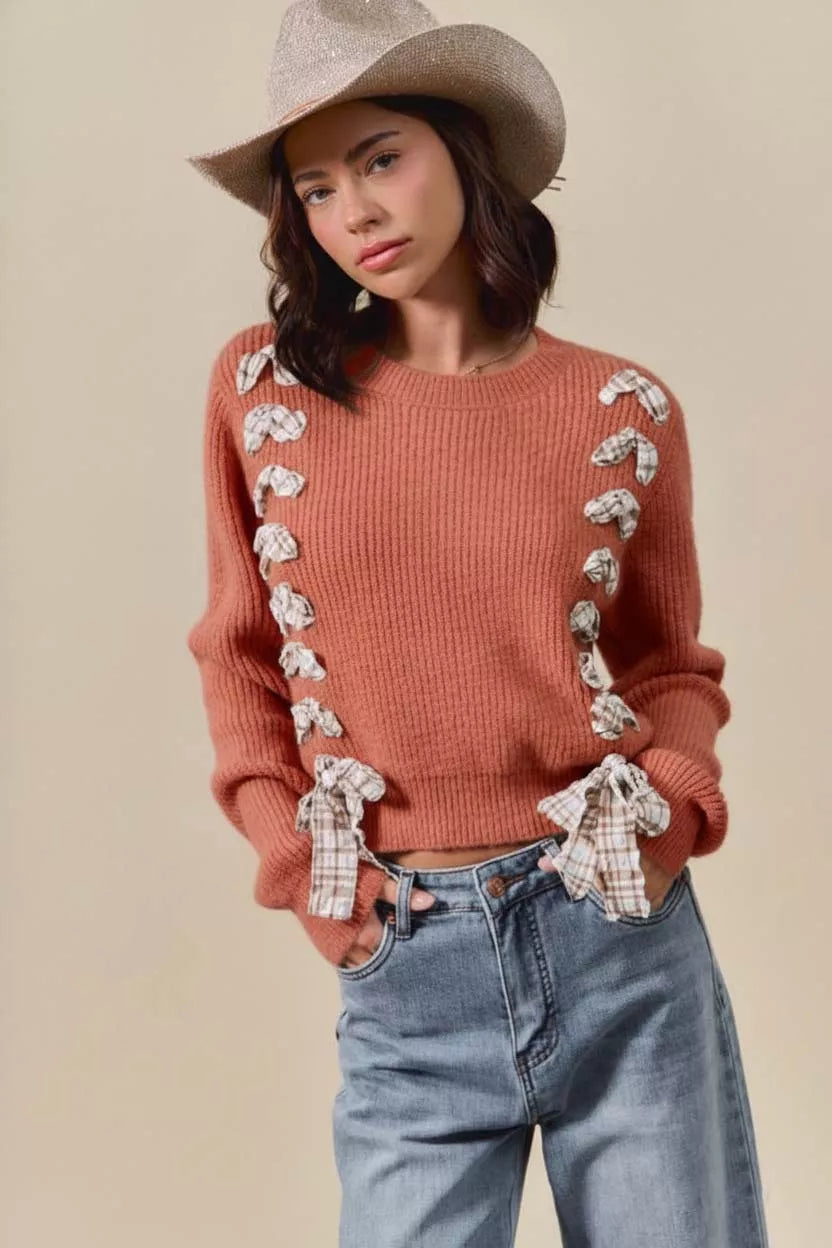 SO ME RUST / S SO ME Checkered Plaid Tape Lace Up Ribbed Sweater