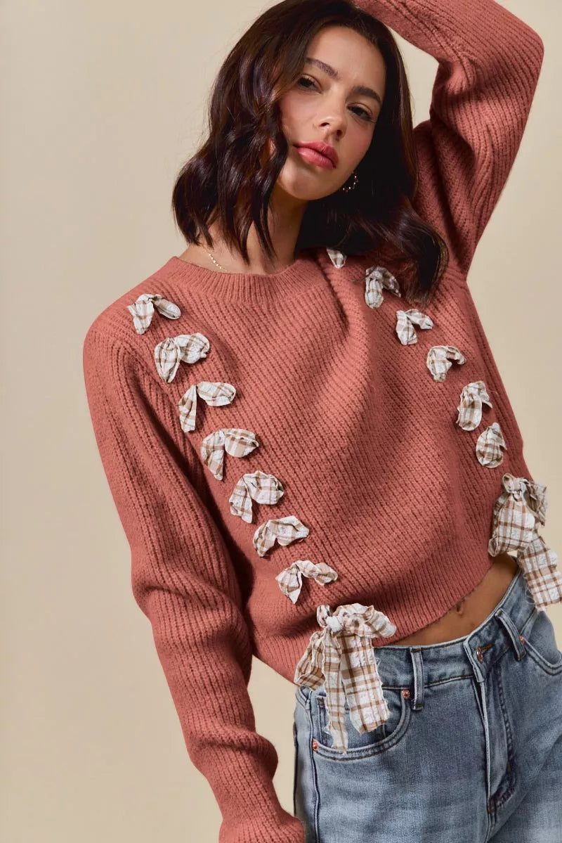 SO ME SO ME Checkered Plaid Tape Lace Up Ribbed Sweater