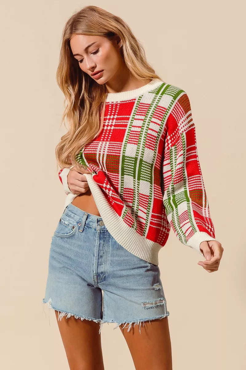 SO ME SO ME Christmas Color Checkered Plaid Crew Neck Sweater
