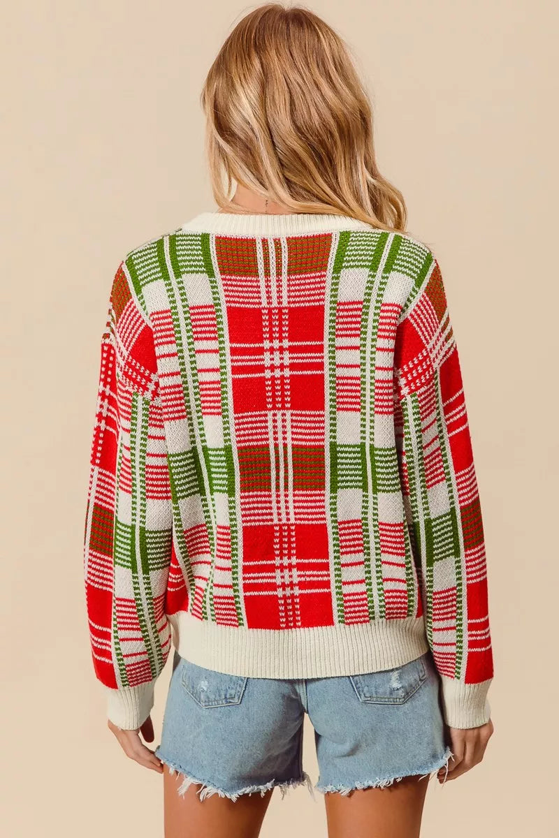 SO ME SO ME Christmas Color Checkered Plaid Crew Neck Sweater