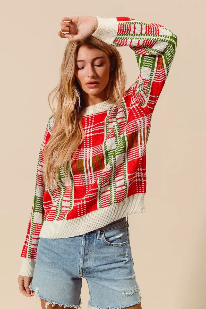 SO ME SO ME Christmas Color Checkered Plaid Crew Neck Sweater