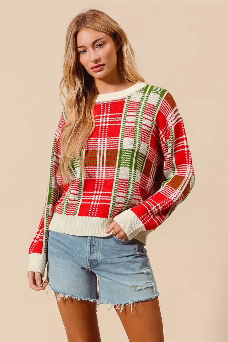 SO ME SO ME Christmas Color Checkered Plaid Crew Neck Sweater