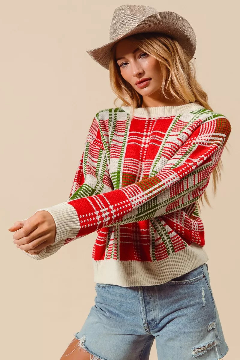 SO ME SO ME Christmas Color Checkered Plaid Crew Neck Sweater