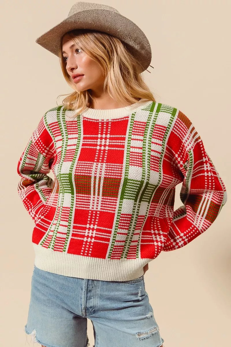 SO ME SO ME Christmas Color Checkered Plaid Crew Neck Sweater