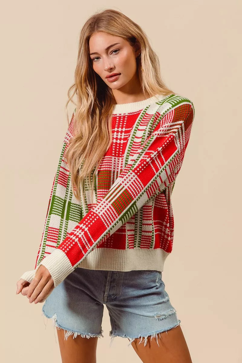 SO ME SO ME Christmas Color Checkered Plaid Crew Neck Sweater