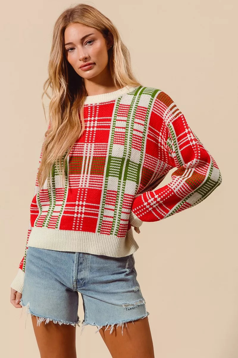 SO ME SO ME Christmas Color Checkered Plaid Crew Neck Sweater