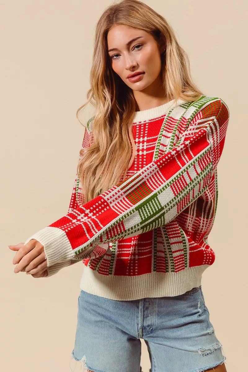 SO ME SO ME Christmas Color Checkered Plaid Crew Neck Sweater