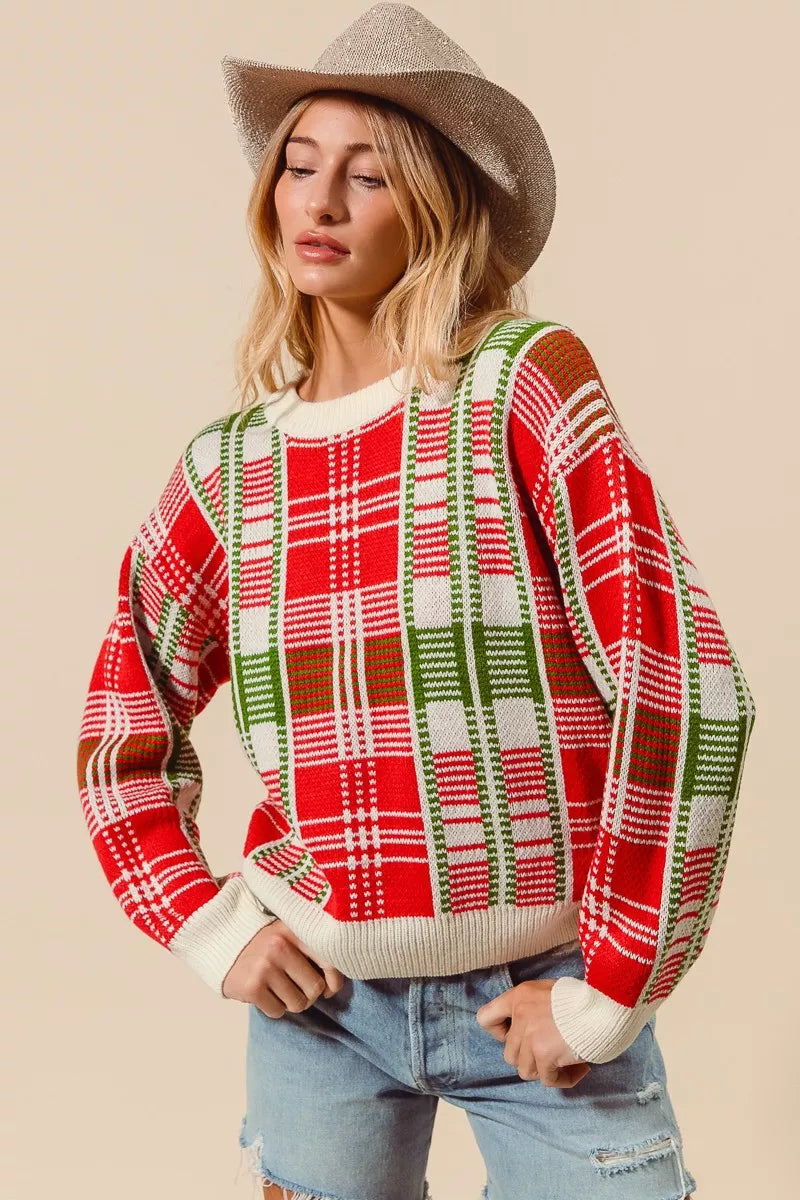 SO ME SO ME Christmas Color Checkered Plaid Crew Neck Sweater