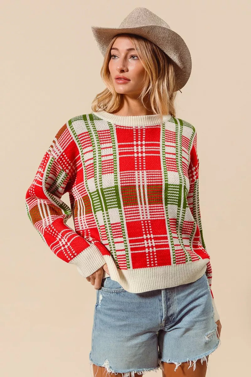 SO ME SO ME Christmas Color Checkered Plaid Crew Neck Sweater