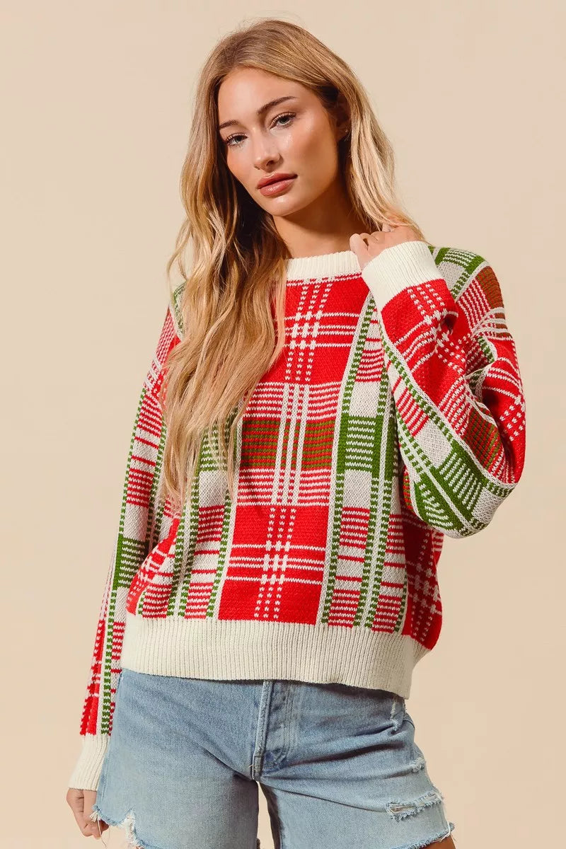 SO ME SO ME Christmas Color Checkered Plaid Crew Neck Sweater