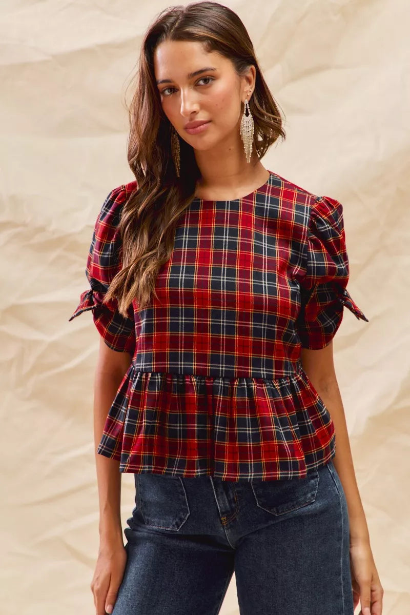 SO ME SO ME Christmas Holiday Plaid Ribbon Short Sleeves Top