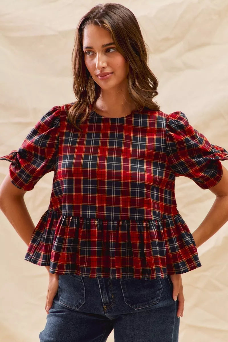 SO ME SO ME Christmas Holiday Plaid Ribbon Short Sleeves Top