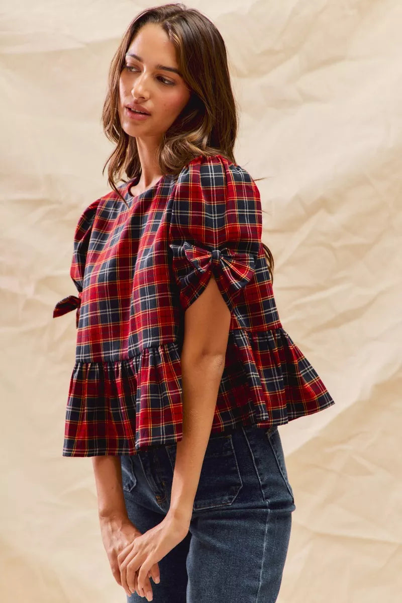 SO ME SO ME Christmas Holiday Plaid Ribbon Short Sleeves Top